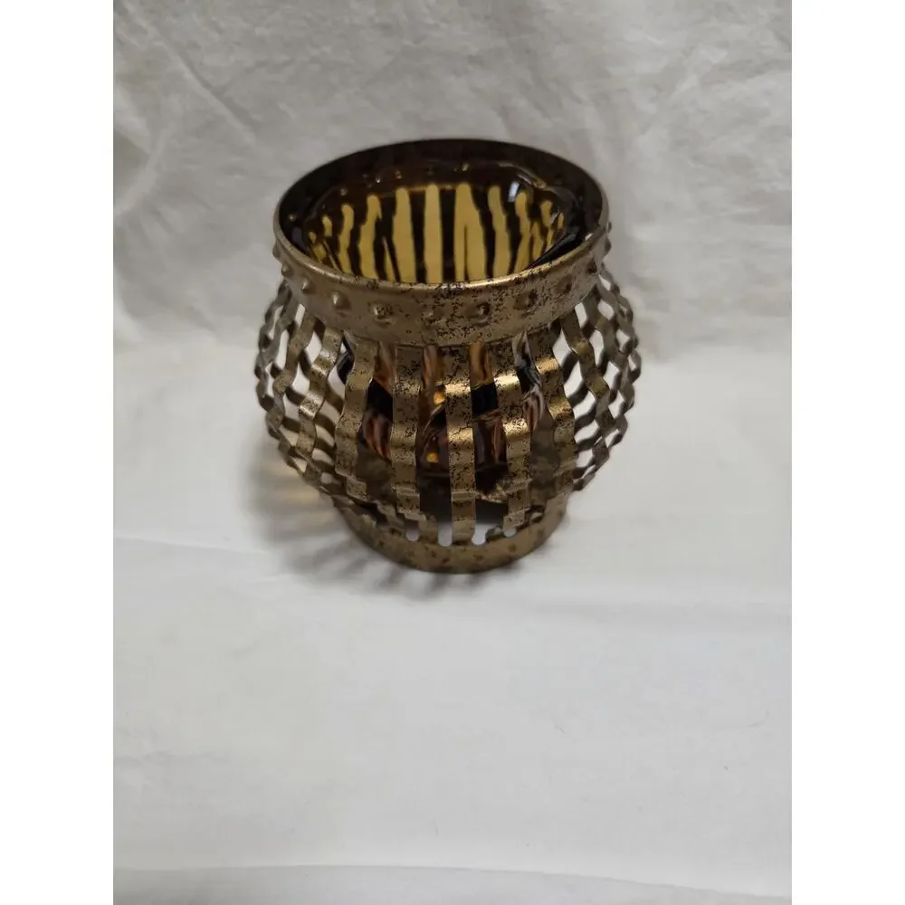 Vintage ~ Homco ~ Gold Tone Candle Holder ~ 5x4 inches With Amber Glass Votive